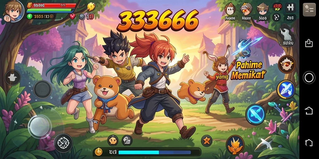 Screenshot gameplay penuh warna dari 333666 yang menampilkan karakter anime.
