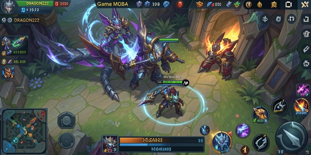 Tampilan gameplay seru dalam DRAGON222 dengan aksi MOBA yang intens.