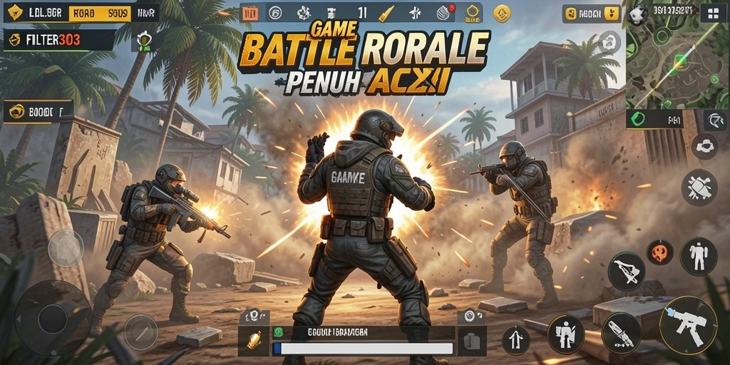 Screenshot menunjukkan aksi gameplay Battle Royale yang seru.