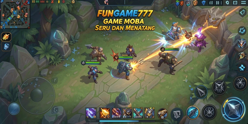 Tangkapan layar FUNGAME777 menampilkan aksi seru di arena pertempuran MOBA.