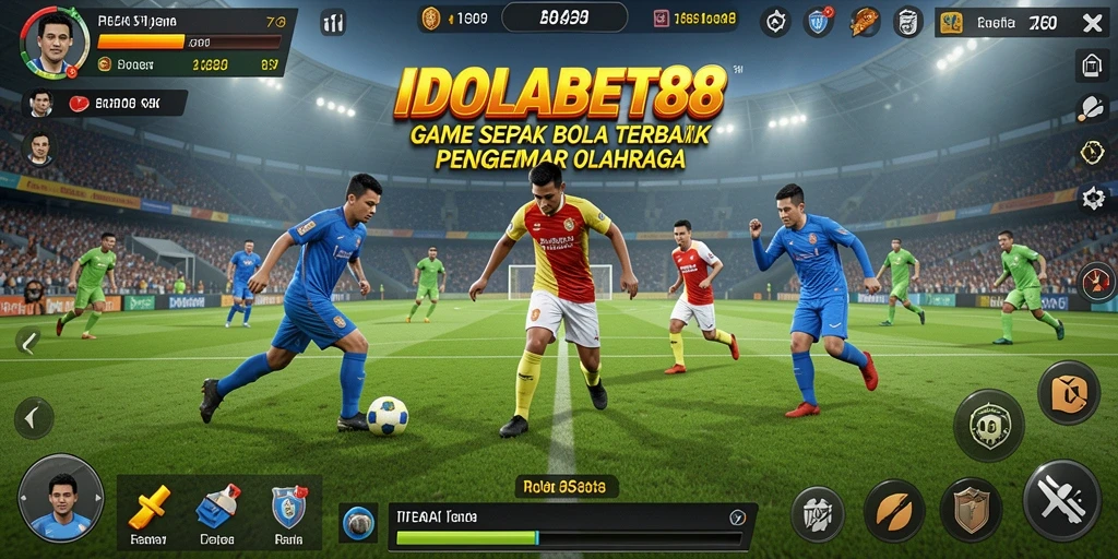 Screenshot gameplay menunjukkan aksi seru di lapangan sepak bola.