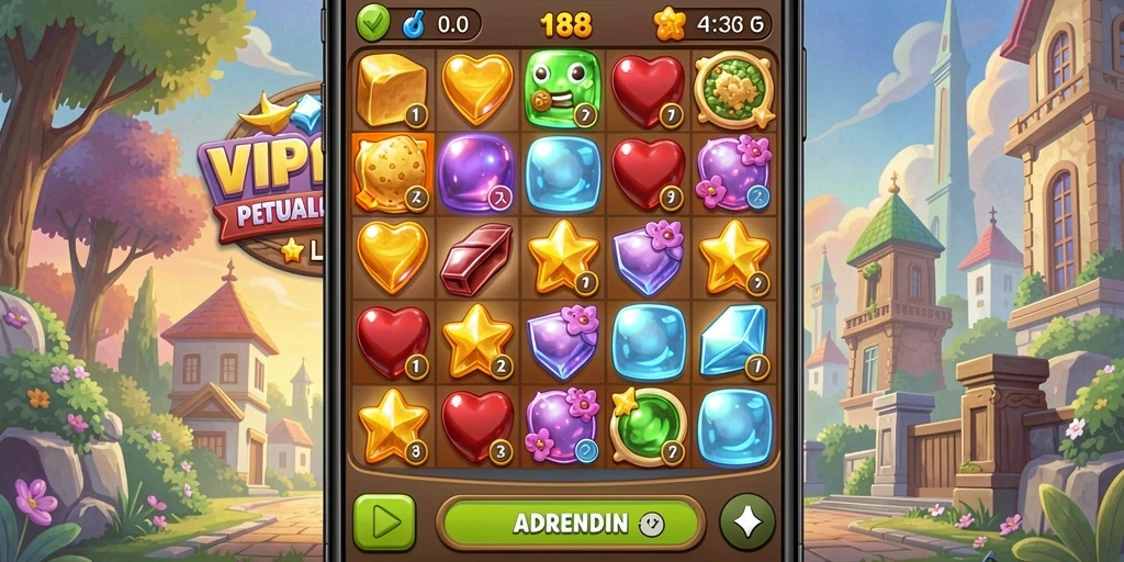 Screenshot VIP188 memperlihatkan gameplay Match-3 yang dinamis dan penuh warna.